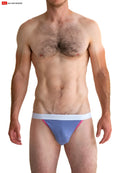Blue and pink gold coast jockstrap with white go softwear waistband designed for athletic support