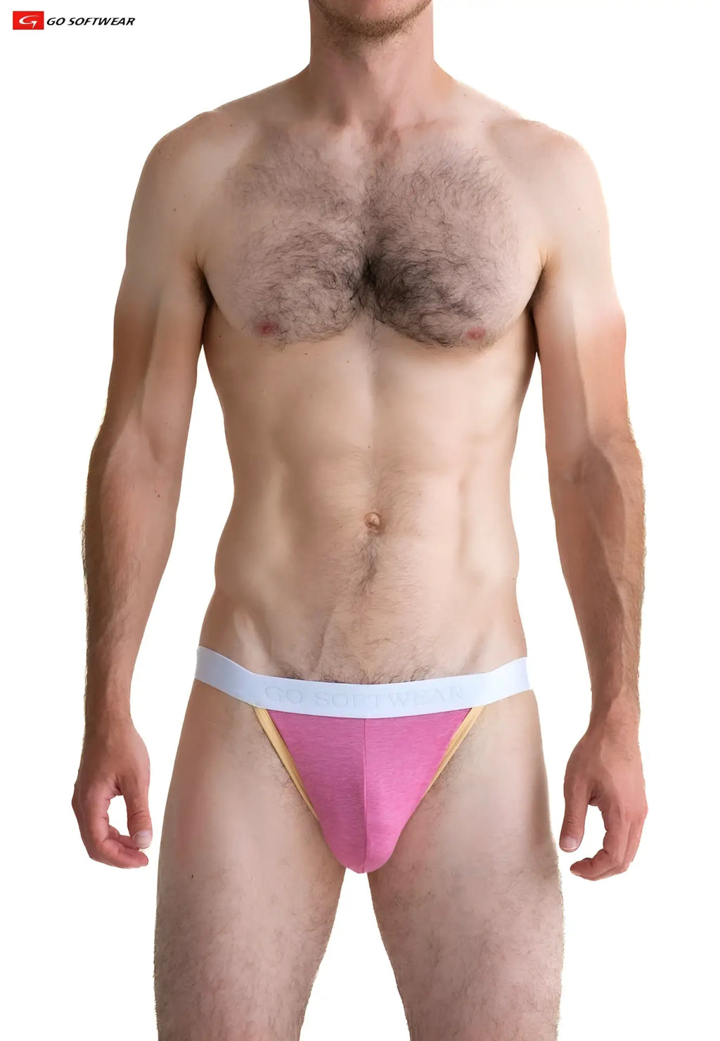 Pink and white athletic briefs with gold trim designed as the front view of the Gold Coast jockstrap