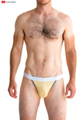Gold coast jockstrap in yellow and blue athletic briefs with white elastic waistband for sports and active wear