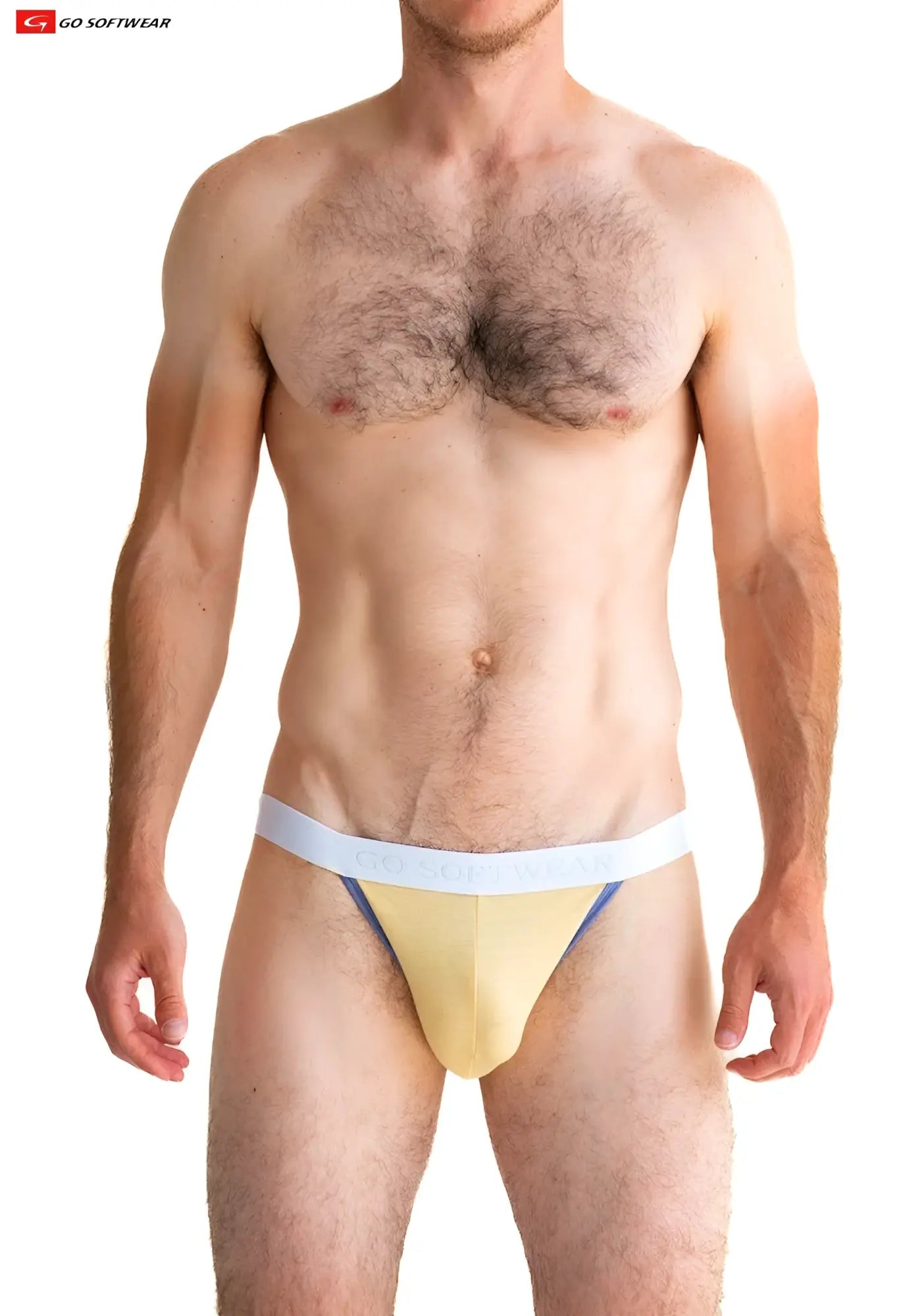 Gold coast jockstrap in yellow and blue athletic briefs with white elastic waistband for sports and active wear