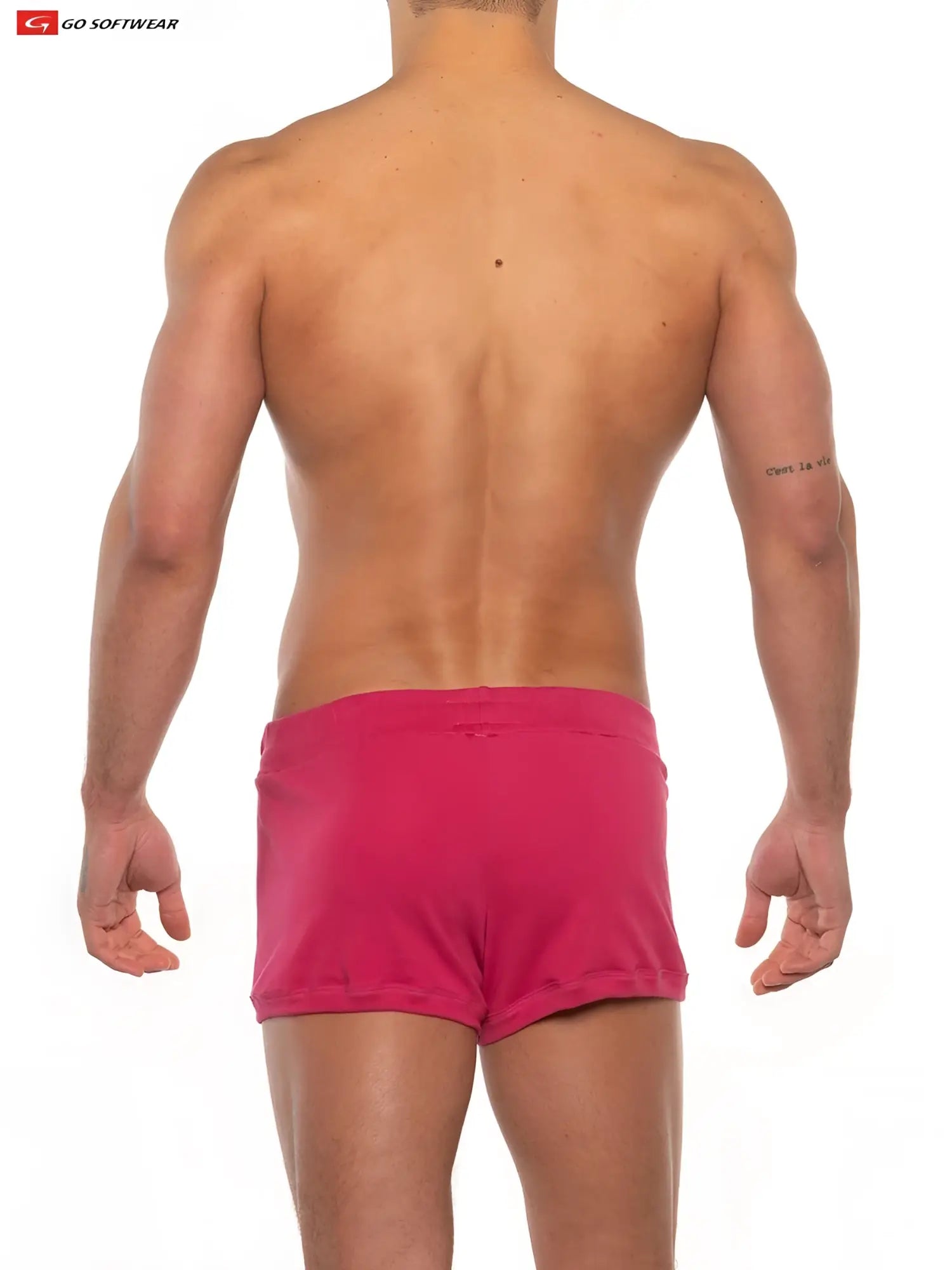 Bright pink gold coast lounge short swim trunks with a form-fitting design and simple elastic waistband