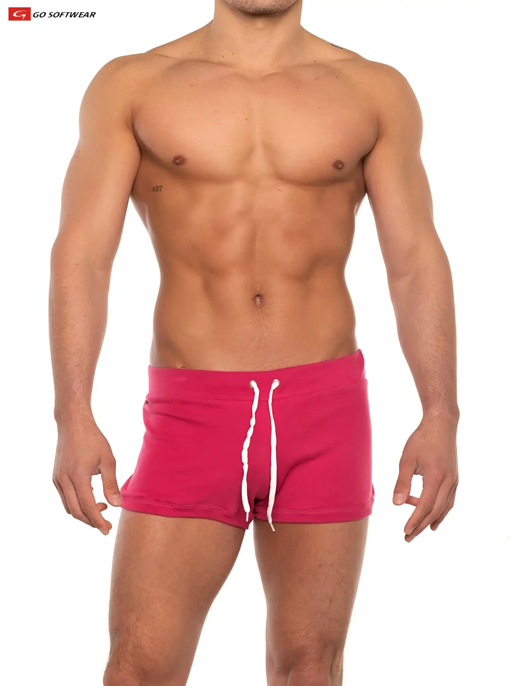 Bright pink gold coast lounge short swim trunks with white drawstrings designed for comfortable beach wear