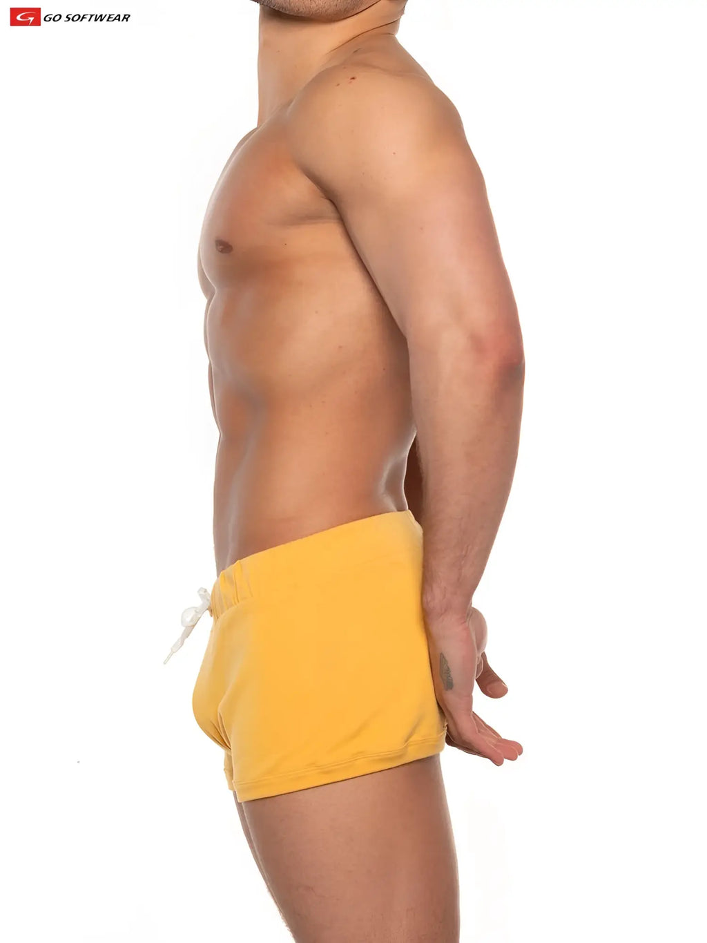 Gold Coast lounge short bright yellow swim trunks with white drawstring for comfortable beachwear