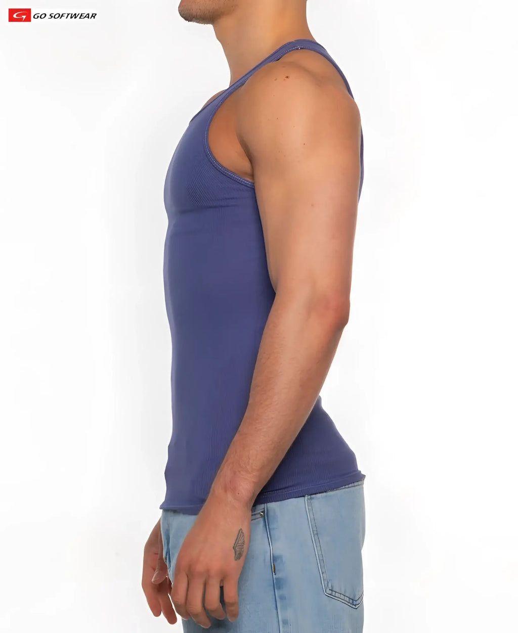 Blue fitted gold coast rib tank top with ribbed texture and simple racerback design