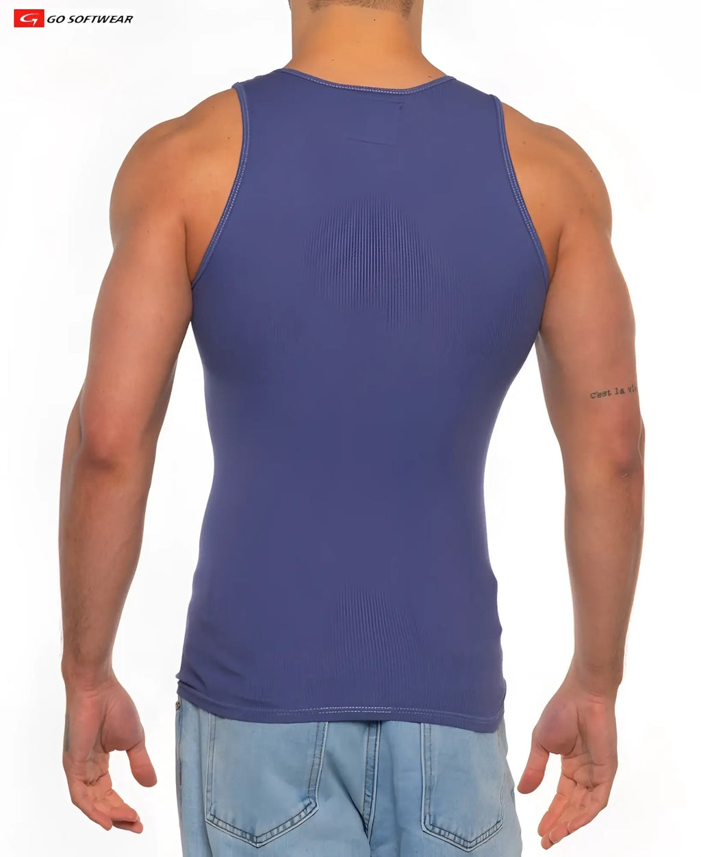 A fitted ribbed blue tank top made from softwear material called Gold Coast Rib Tank Top by go softwear