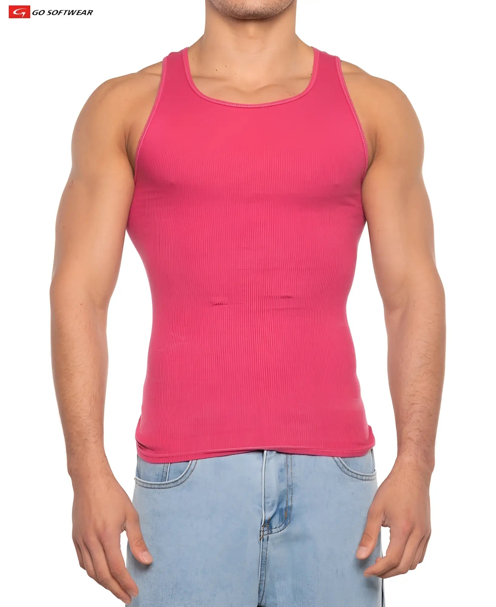 A vibrant pink ribbed cotton Gold Coast rib tank top with a classic round neckline and seamless seams