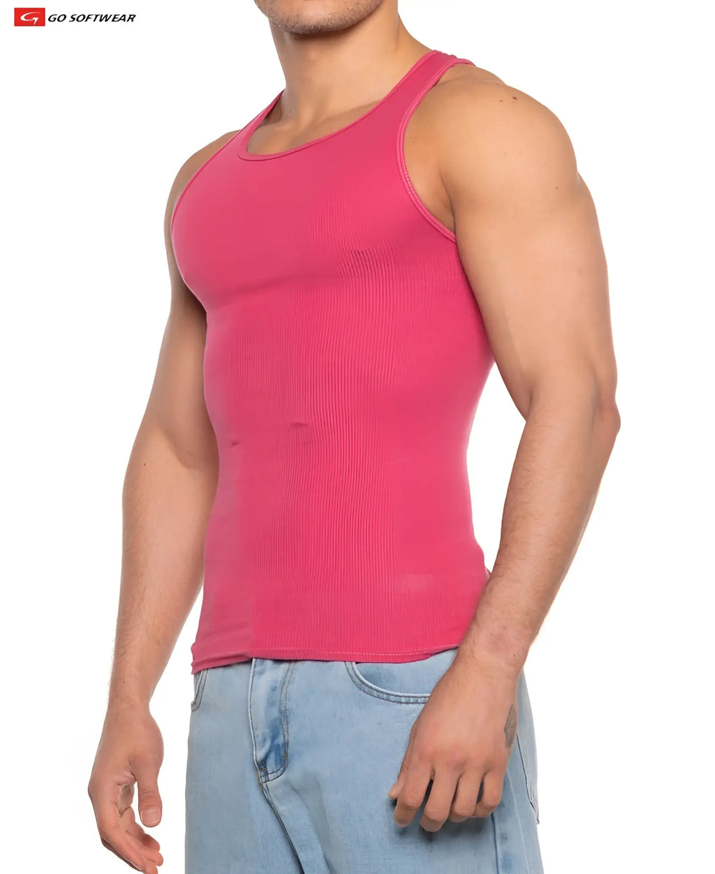 A vibrant pink gold coast rib tank top with round neckline sleeveless design made from stretchy ribbed fabric