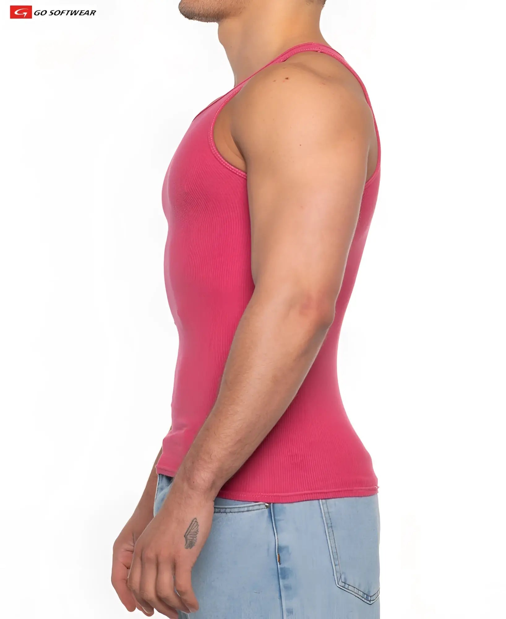 A vibrant pink ribbed tank top from go softwear made of soft fabric for casual wear