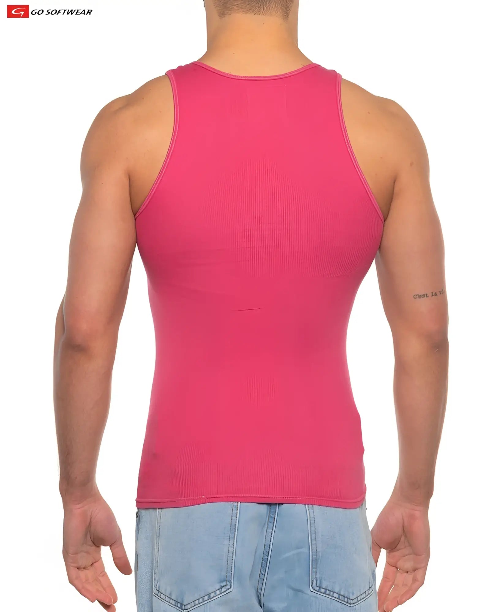 A vibrant pink ribbed tank top made of softwear fabric from go softwear called gold coast rib tank top