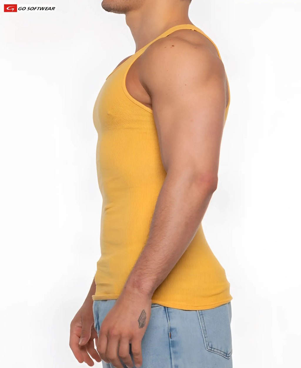 A vibrant yellow gold coast rib tank top with a snug fit made from soft stretch fabric