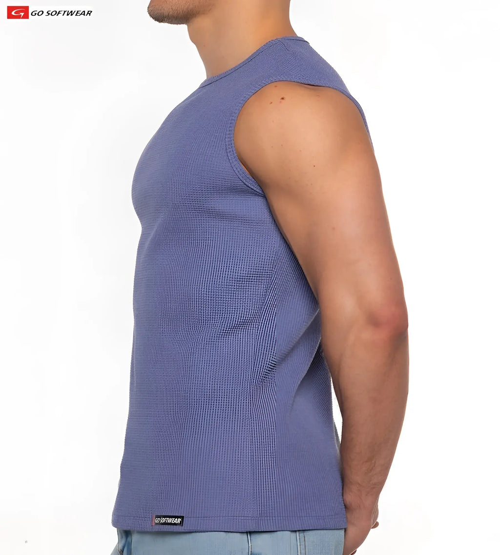 A men’s lavender ribbed knit sleeveless tank top from go softwear gold coast sleeveless tee