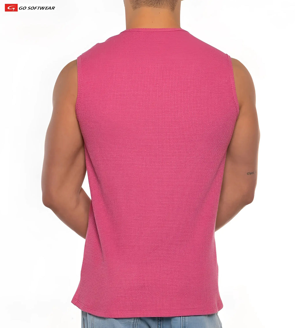 A vibrant pink ribbed knit sleeveless top with a crew neckline called gold coast sleeveless tee