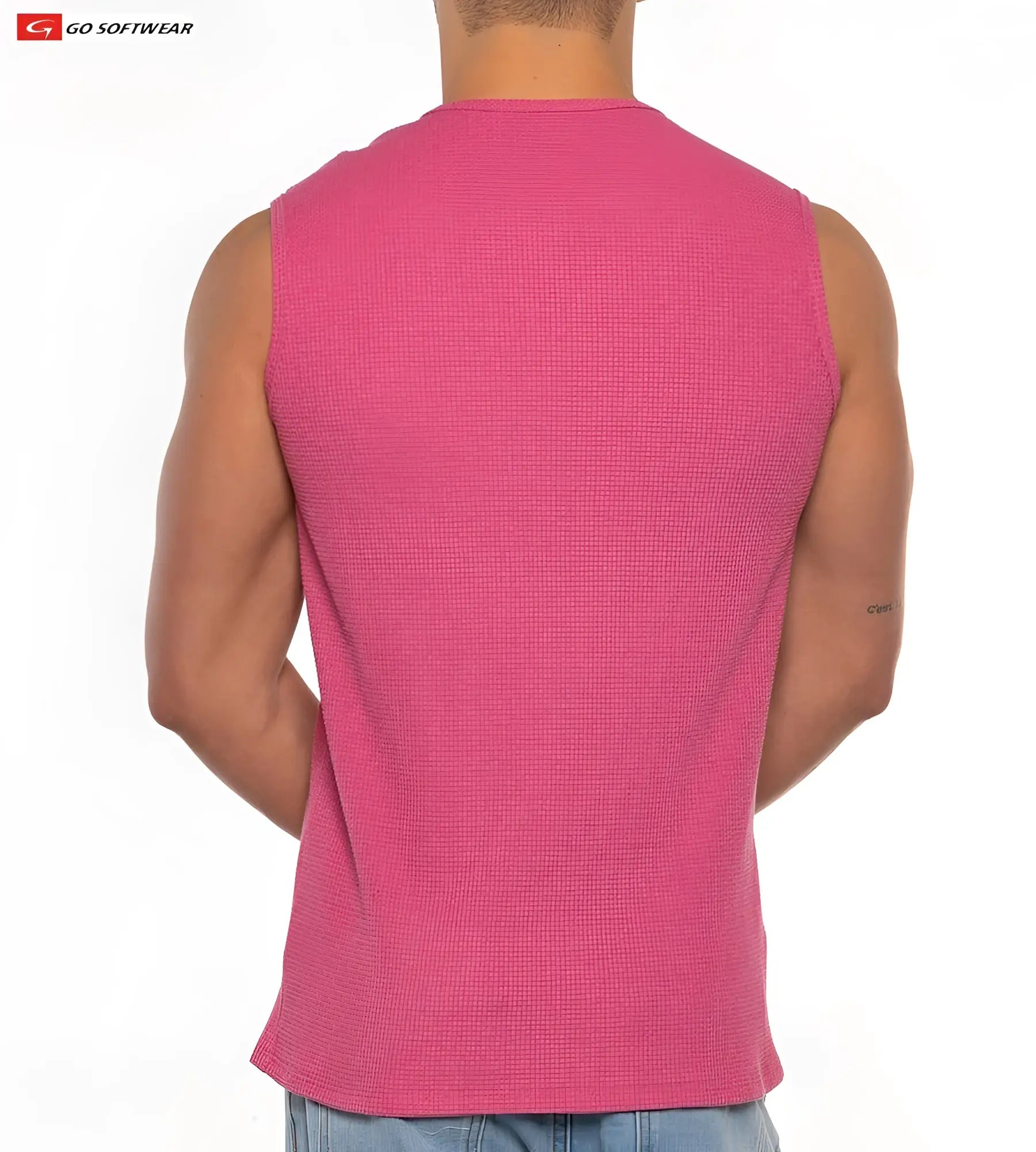 A vibrant pink ribbed knit sleeveless top with a crew neckline called gold coast sleeveless tee
