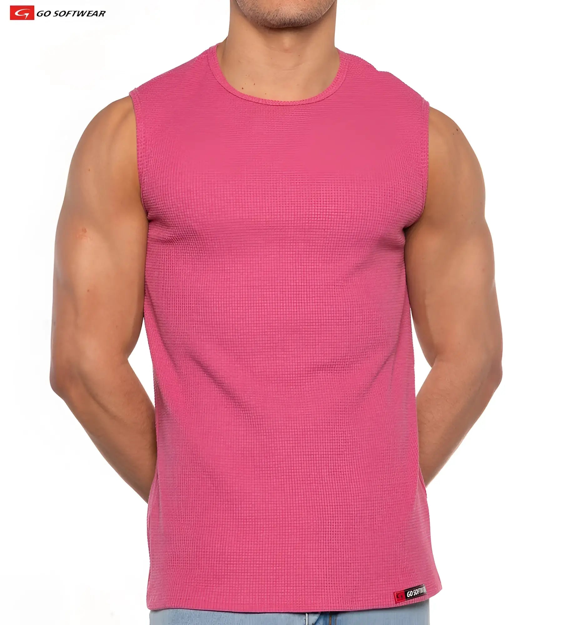Gold Coast sleeveless tee vibrant pink ribbed tank top with round neckline made from soft textured fabric