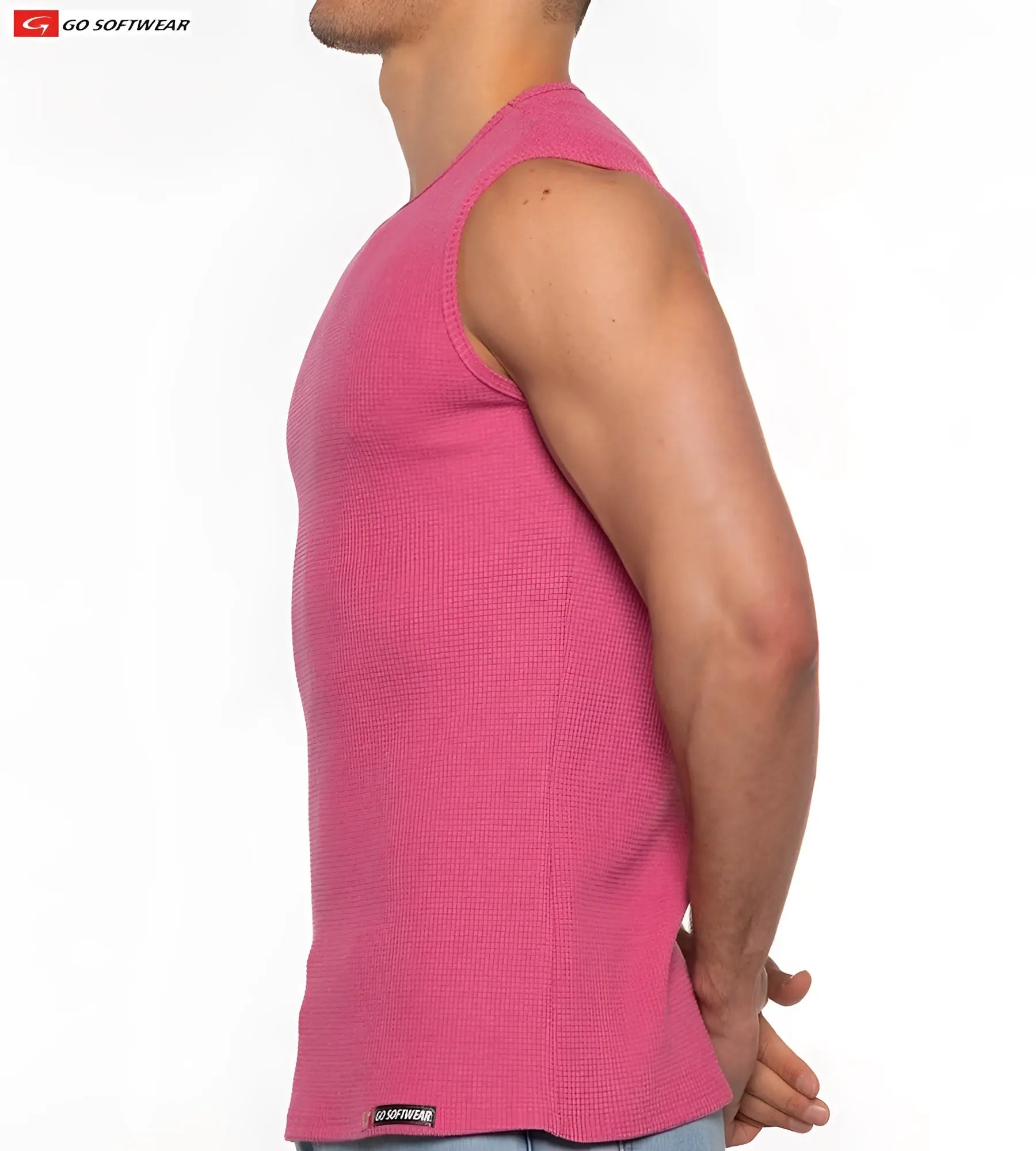 A vibrant pink sleeveless waffle-knit top from go softwear called gold coast sleeveless tee for casual wear