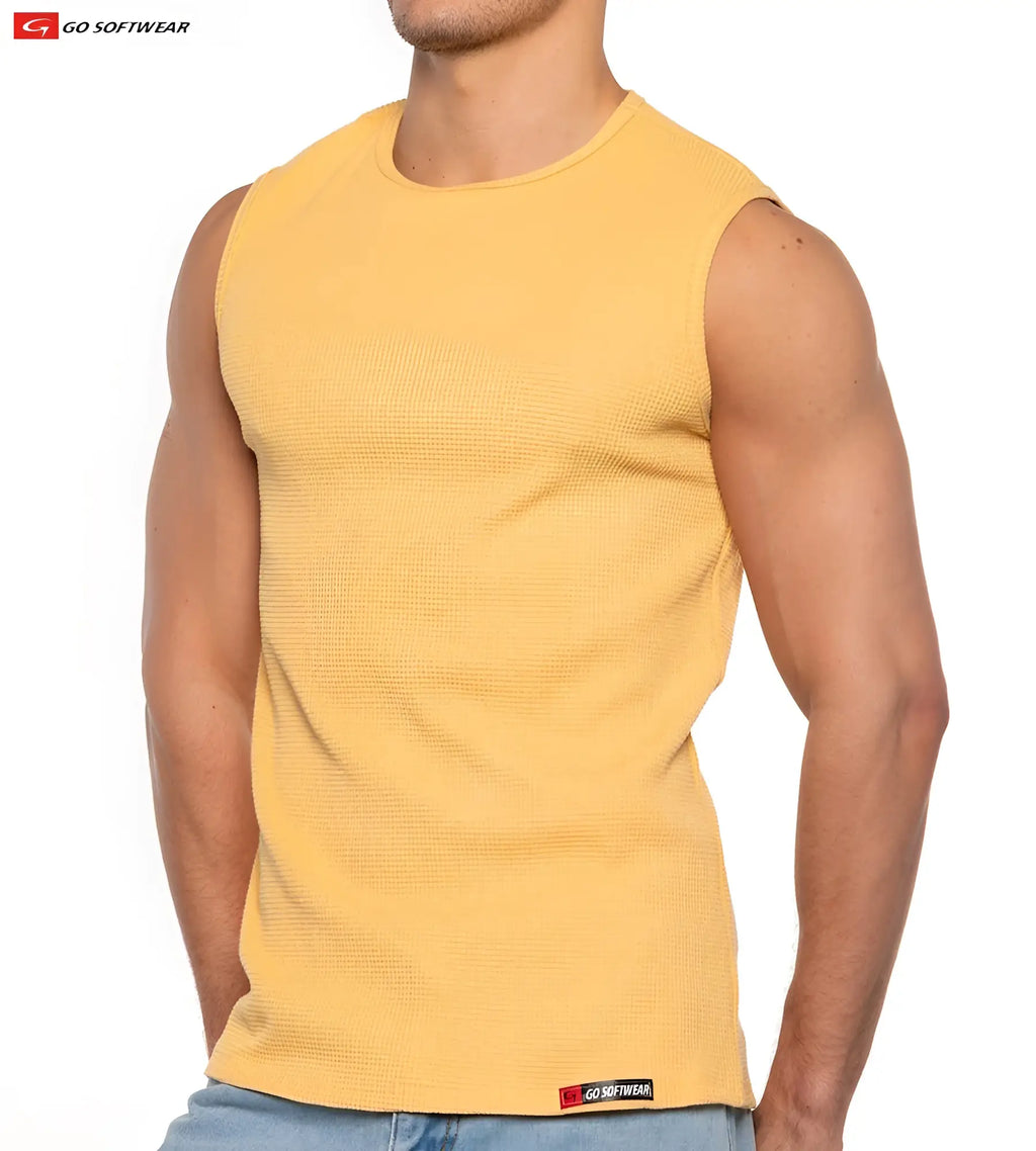 Yellow ribbed sleeveless tank top gold coast sleeveless tee made of soft cotton perfect for casual summer wear