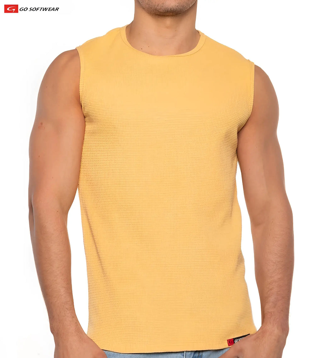 Yellow waffle-knit sleeveless top by go softwear featuring breathable fabric in the gold coast sleeveless tee style