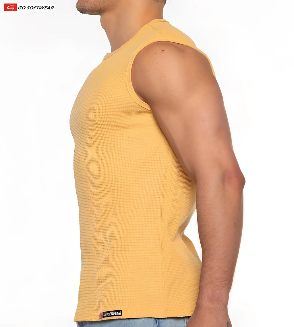 Yellow waffle-knit sleeveless top by go softwear featuring a textured fabric for casual summer wear