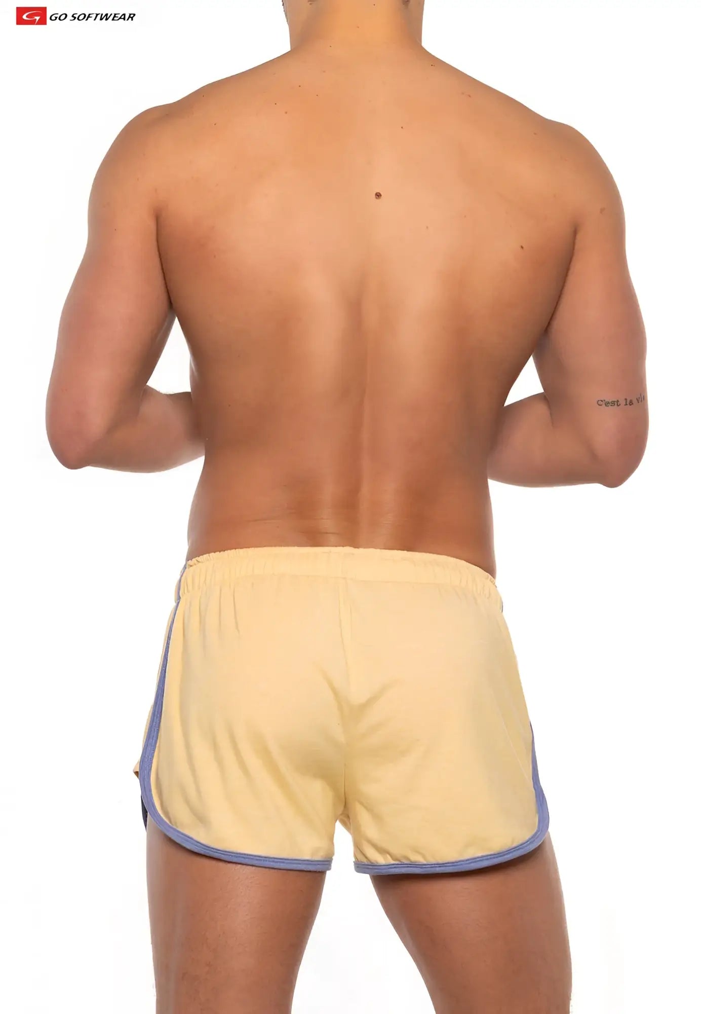 Beige gold coast sport shorts with blue side stripes and elastic waistband featuring a classic sporty design