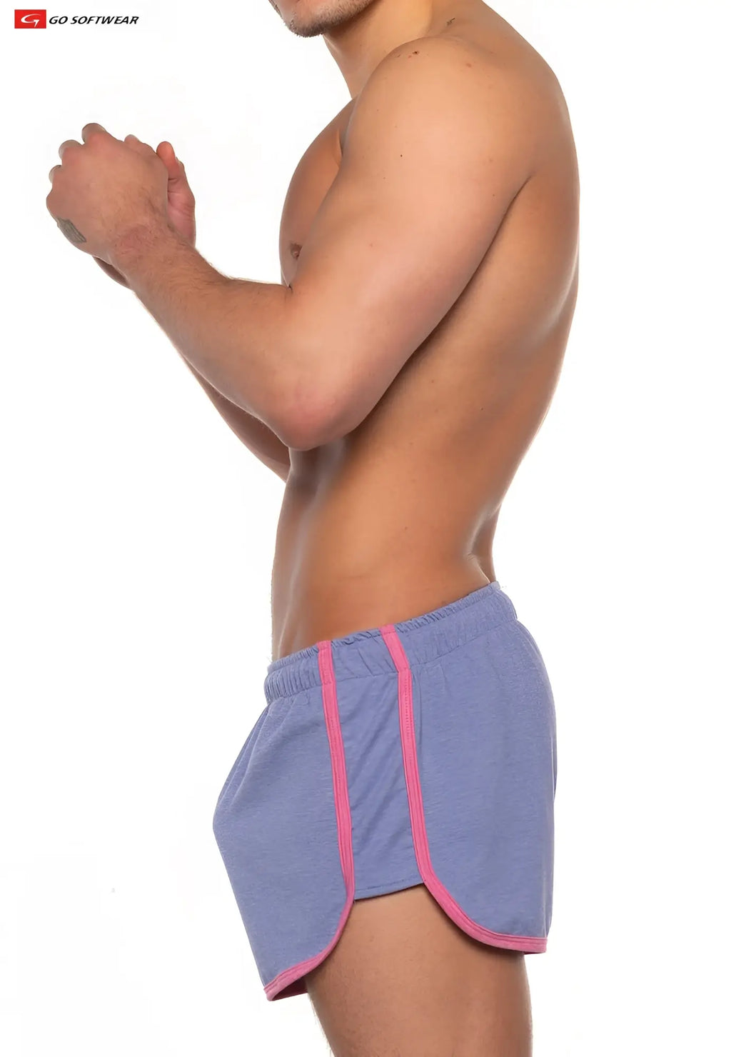 Gold Coast sport shorts in blue with pink trim and elastic waistband designed for athletic use