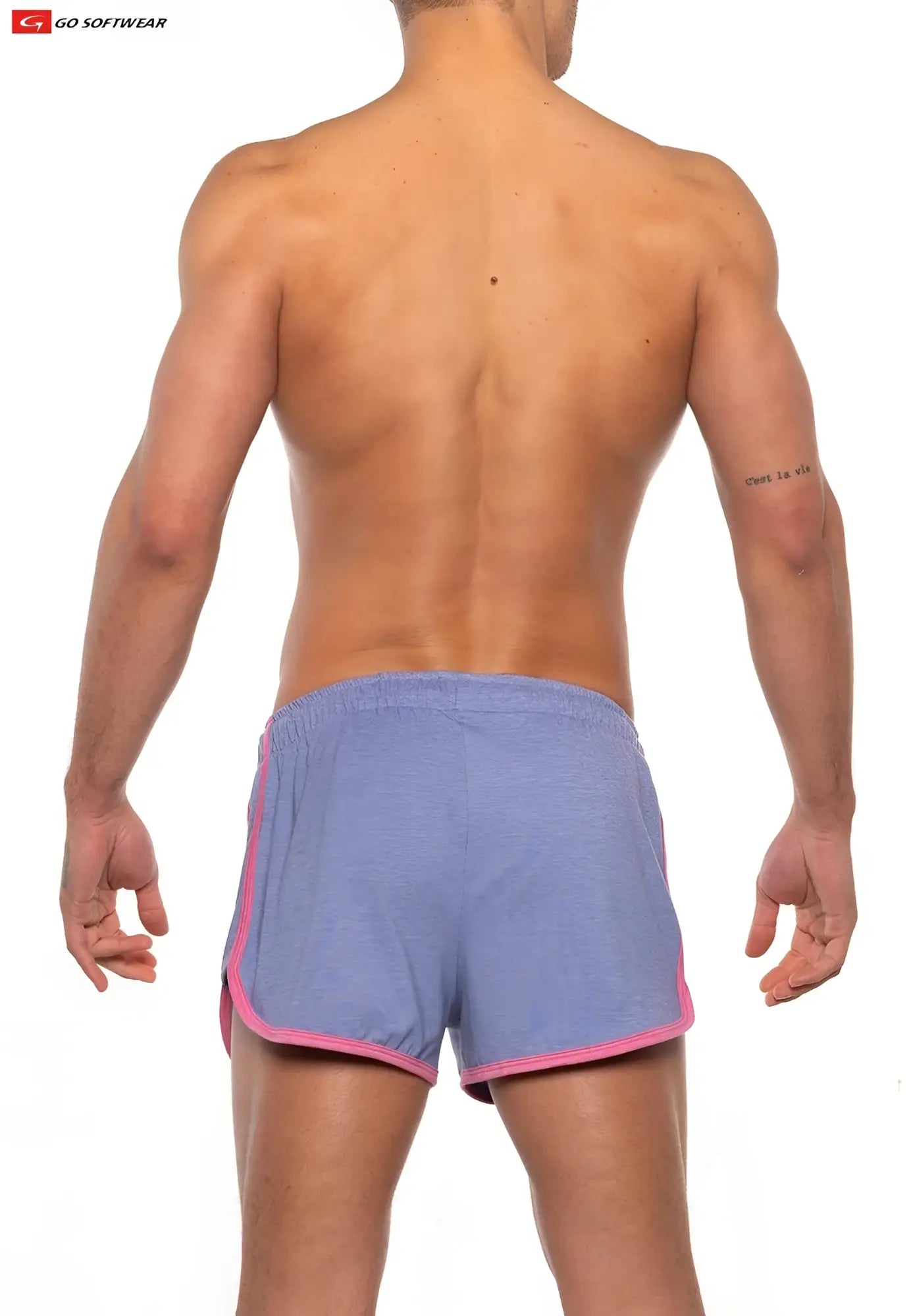 Gold Coast sport short in light blue heathered fabric with pink trim along the hem and side seams