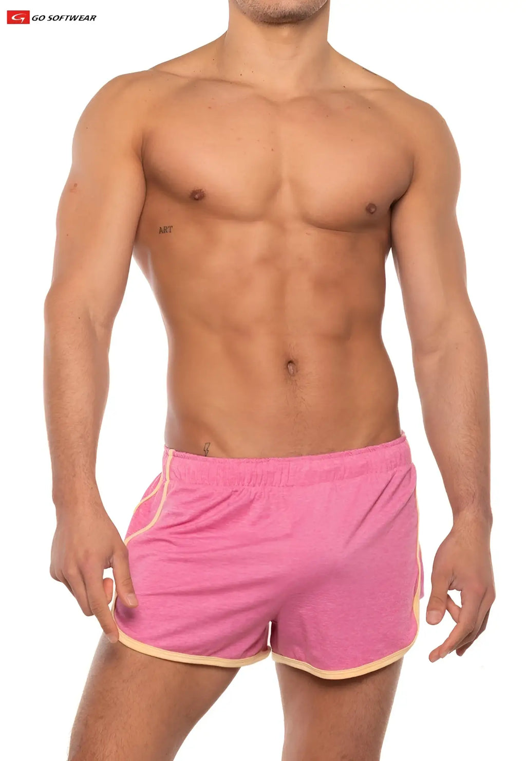Pink gold coast sport shorts with light beige trim and elastic waistband designed for athletic use