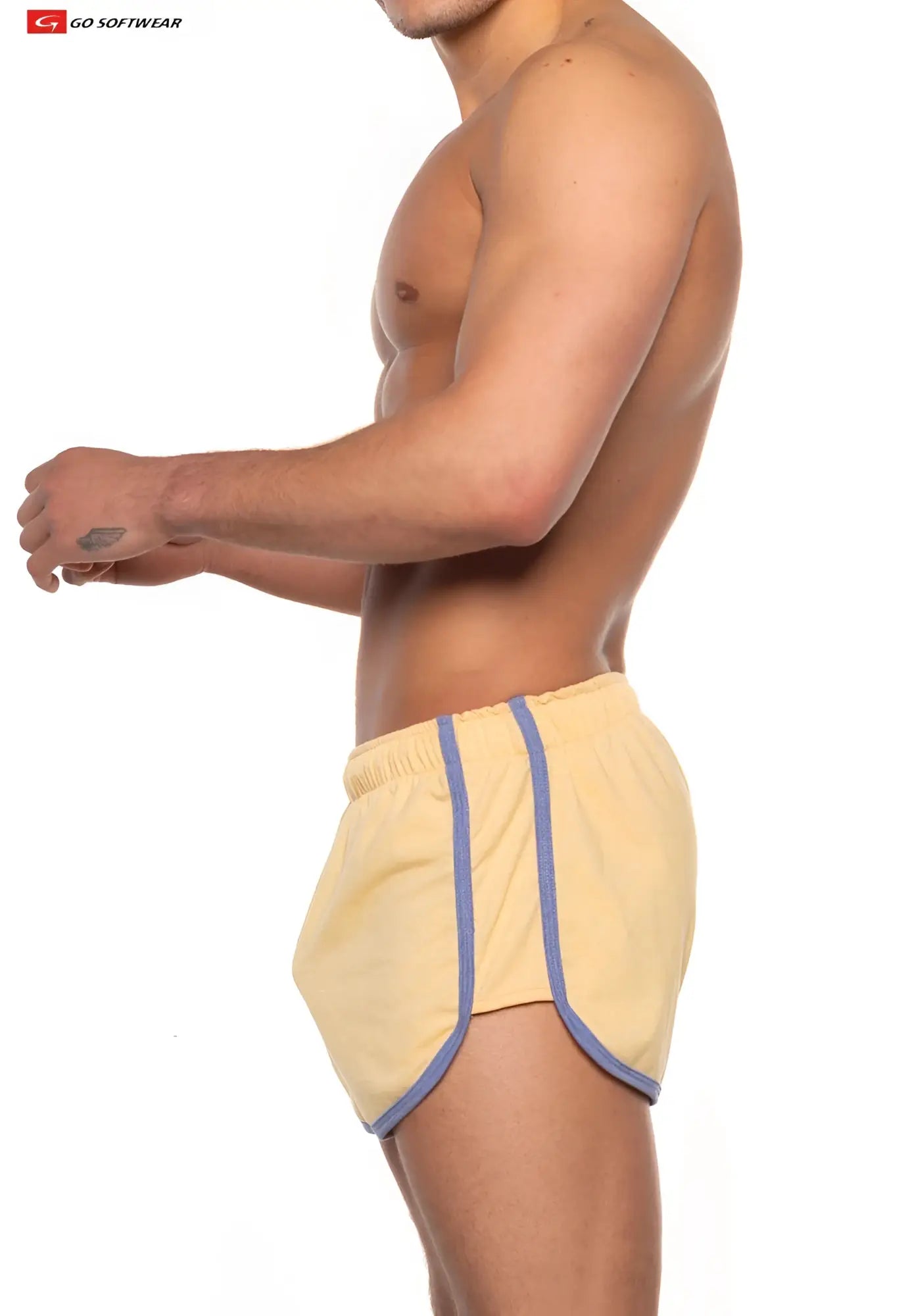 Gold Coast sport short yellow athletic shorts with blue side stripes elastic waistband and classic sporty design