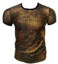 Gold leaf tee short-sleeve t-shirt with shimmering gold and black texture and contrasting black ribbed neckline and cuffs