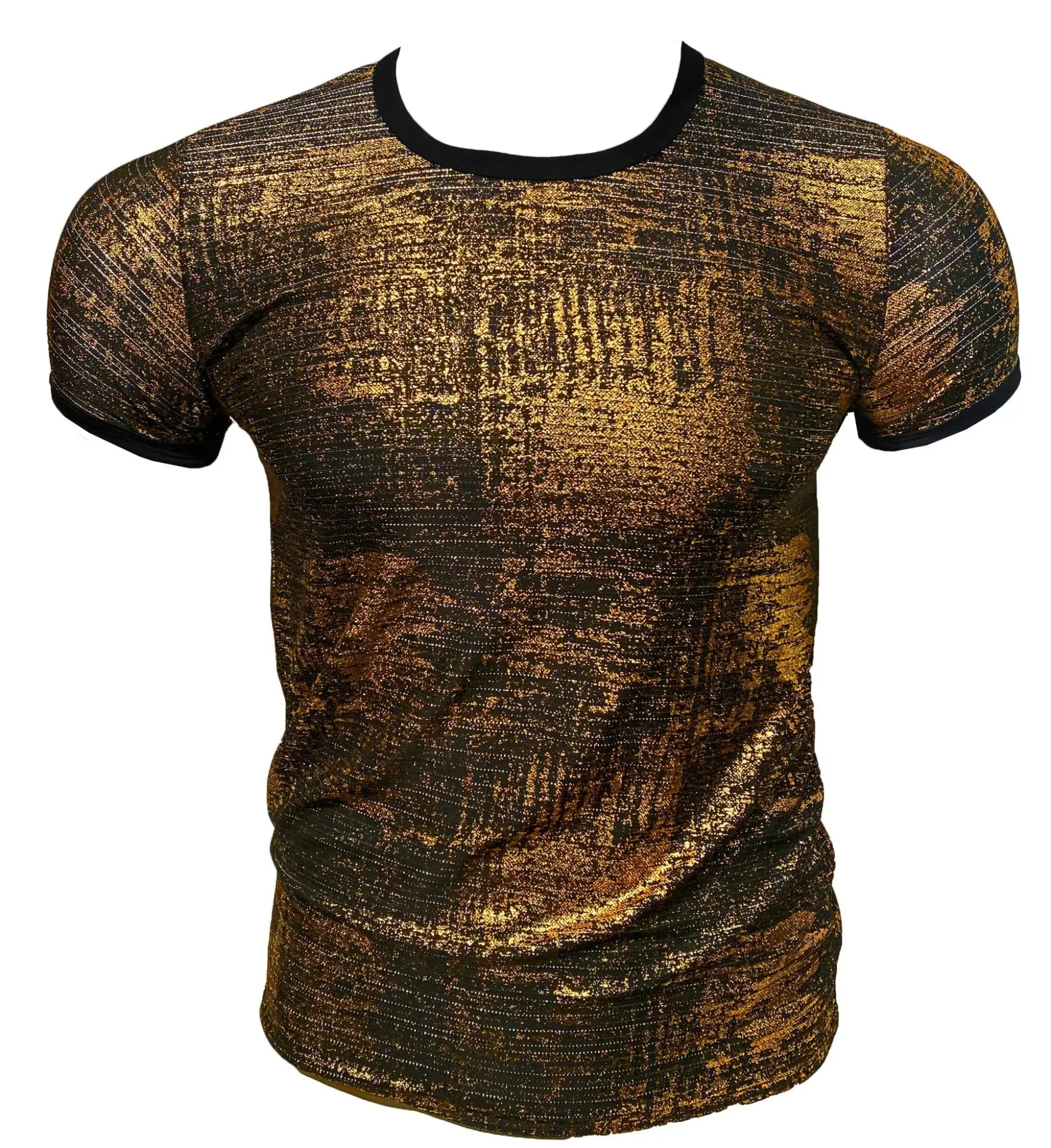 Gold leaf tee short-sleeve t-shirt with shimmering gold and black texture and contrasting black ribbed neckline and cuffs