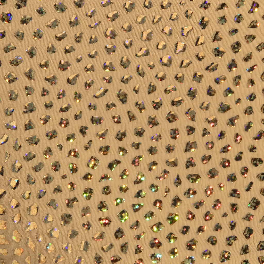 Gold stones trunk featuring gold-toned fabric with scattered iridescent rhinestones in a leopard print pattern