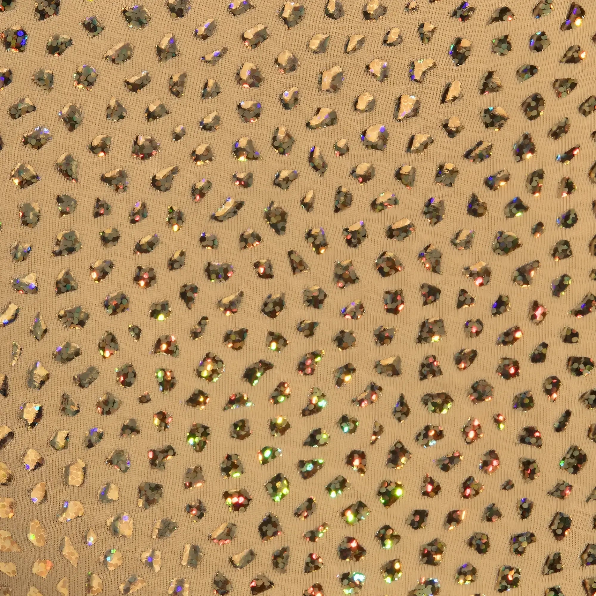 Gold stones trunk featuring gold-toned fabric with scattered iridescent rhinestones in a leopard print pattern