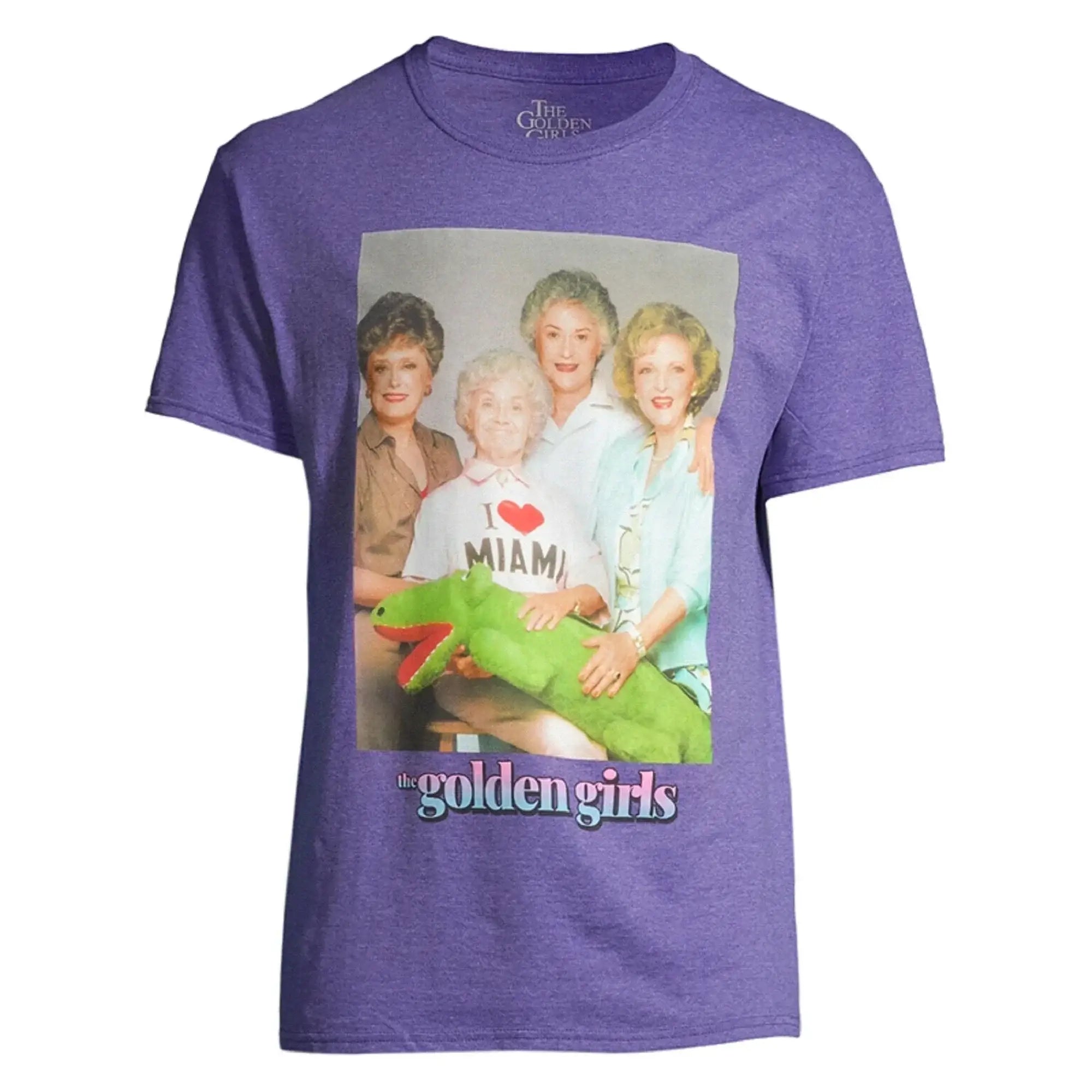 Purple heathered cotton t-shirt featuring the golden girls cast holding a green stuffed alligator golden girls i love miami tee