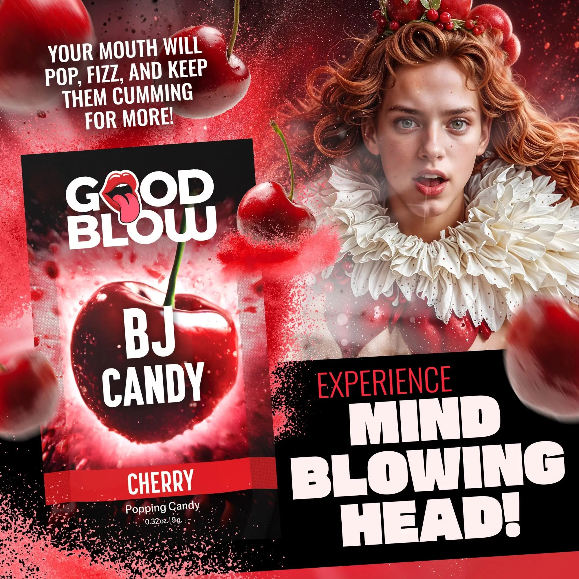 Good Blow Cherry Popping Candy product pack featuring a red cherry theme and an illustration of a woman in a ruff collar.