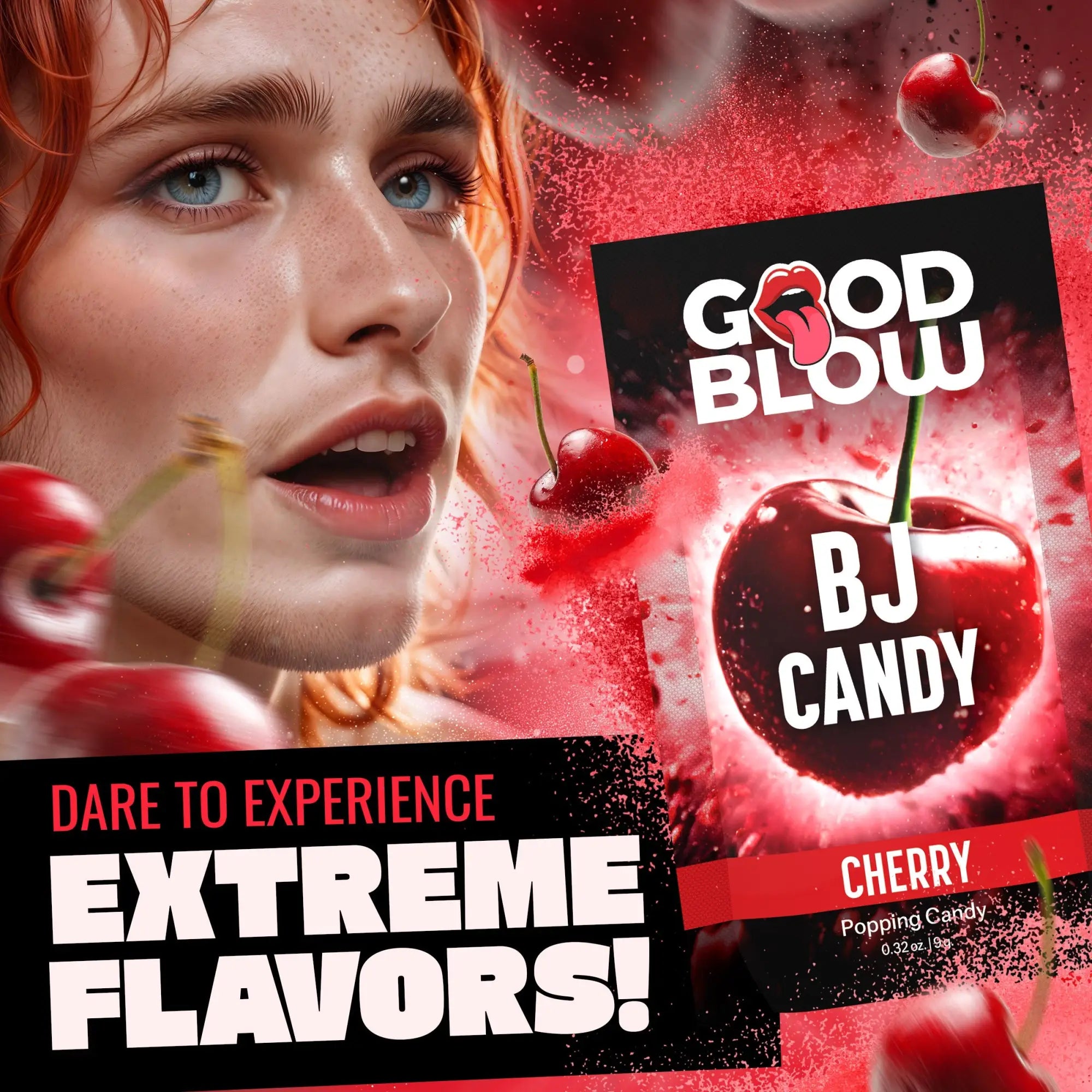 Good Blow Cherry Popping BJ Candy packaging featuring a red-haired person, cherries, and explosive red powder graphics.