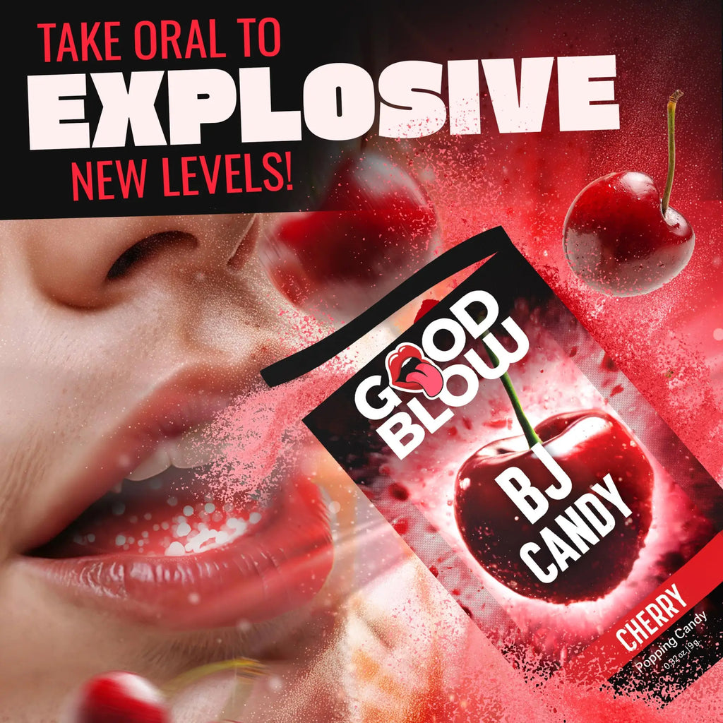 Good Blow Cherry Popping BJ Candy in a black and red package with cherry graphics and a person’s mouth nearby.