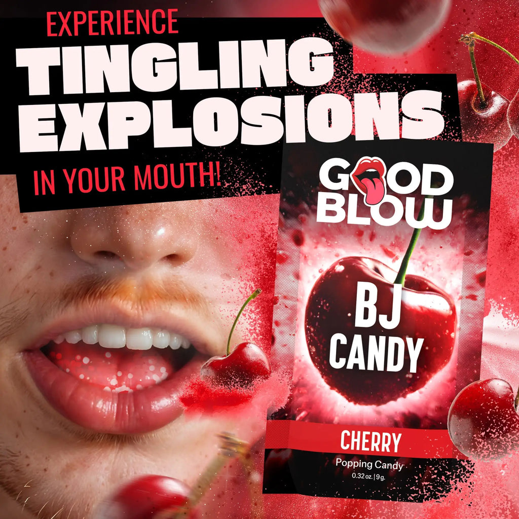 Good Blow Cherry Popping Candy product package displayed against a background of red cherries and a mouth with candy.