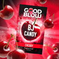 Good Blow Cherry Popping BJ Candy in a black and red package surrounded by flying cherries and red powder bursts.