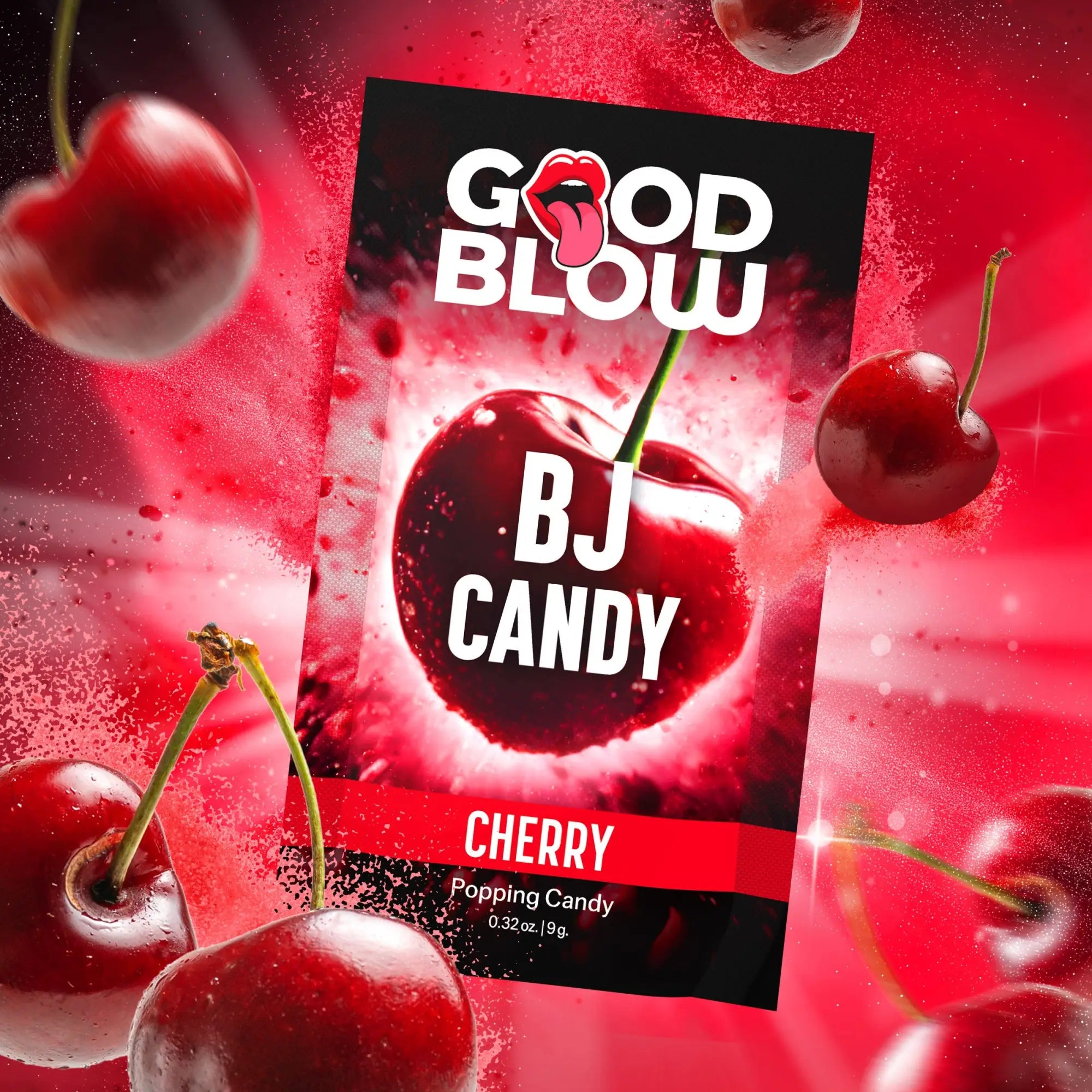 Good Blow Cherry Popping BJ Candy in a black and red package surrounded by flying cherries and red powder bursts.