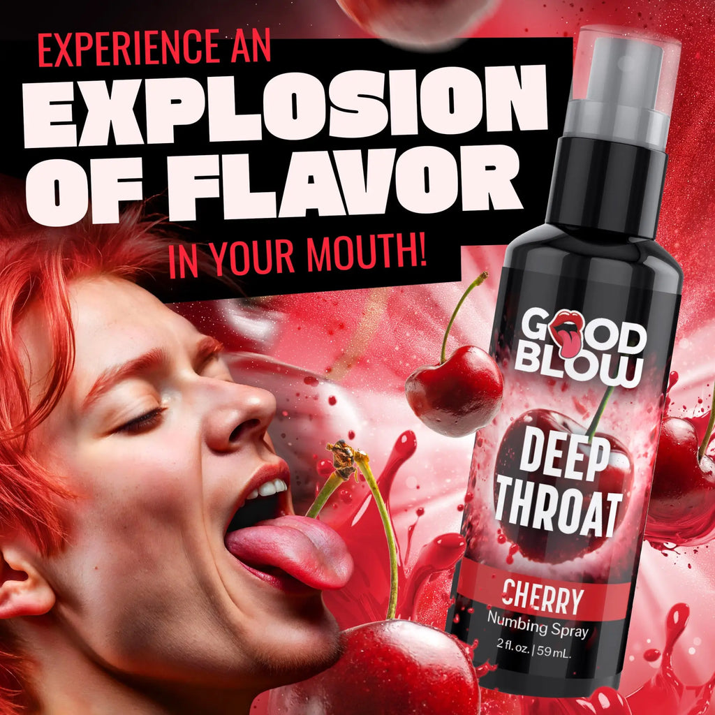 Good Blow Deep Throat Cherry Numbing Spray bottle with red cherries, liquid splashes, and a person with red hair.