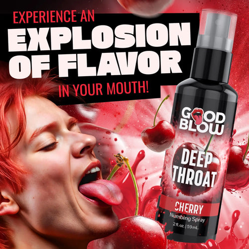 Good Blow Deep Throat Cherry Numbing Spray bottle with red cherries, liquid splashes, and a person with red hair.