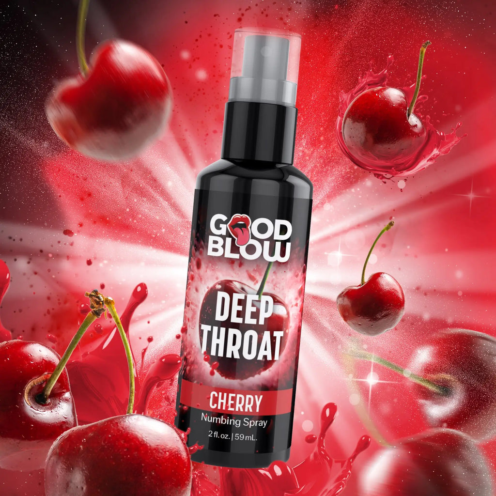 Good Blow Deep Throat Cherry Numbing Spray bottle centered against a vibrant red background with splashing cherries.