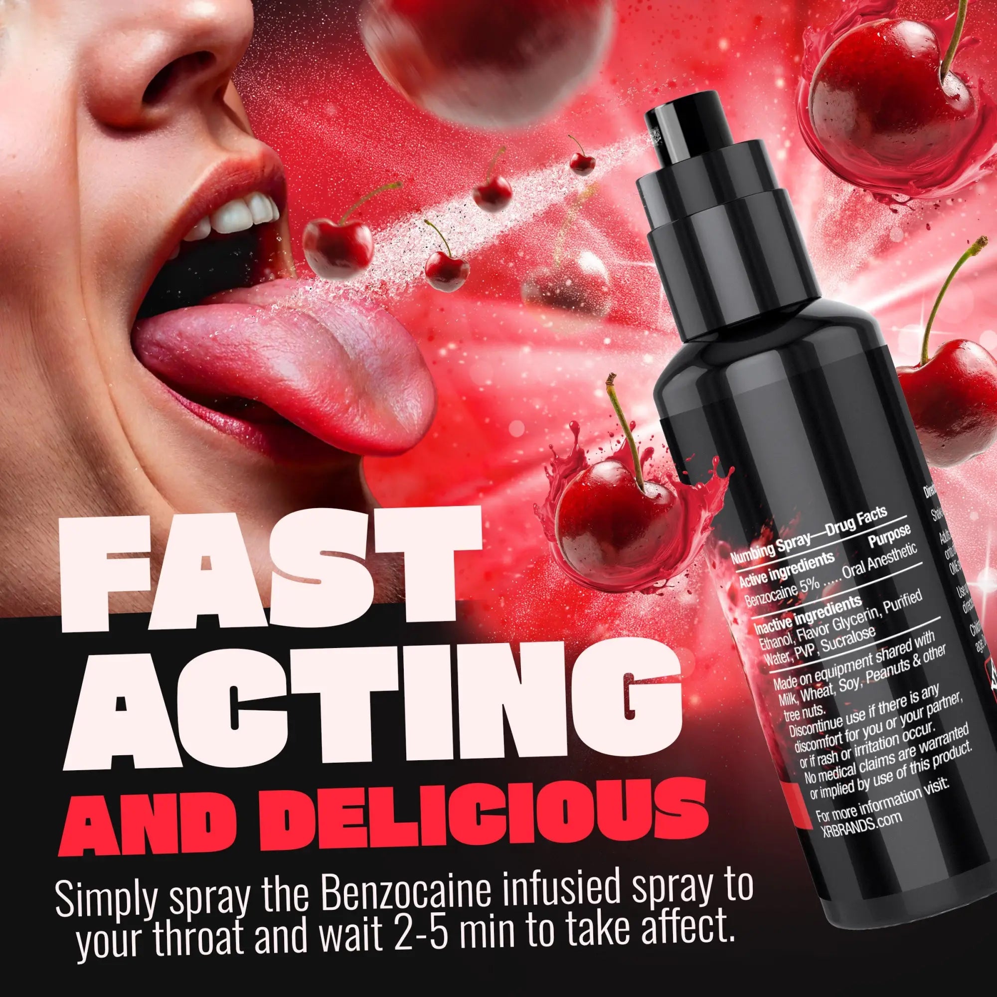 Good Blow Deep Throat Cherry Numbing Spray bottle with a red cherry-themed background and a person with an open mouth.