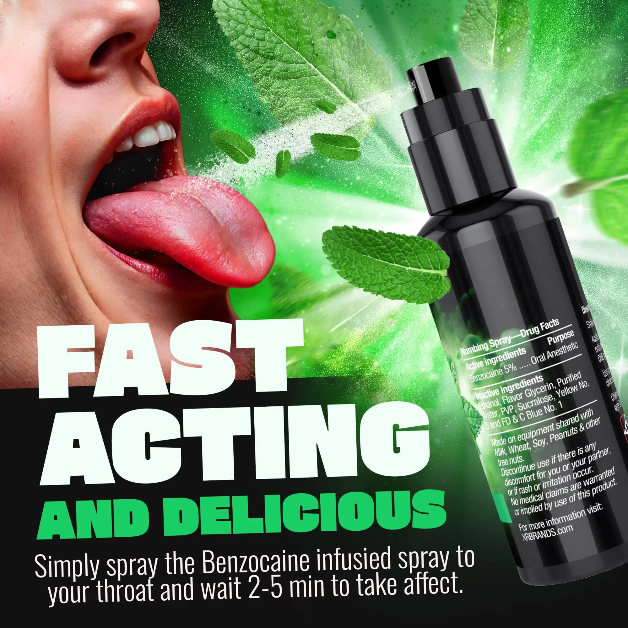 Good Blow Deep Throat Mint Numbing Spray bottle with a person’s mouth and fresh mint leaves on a green background.