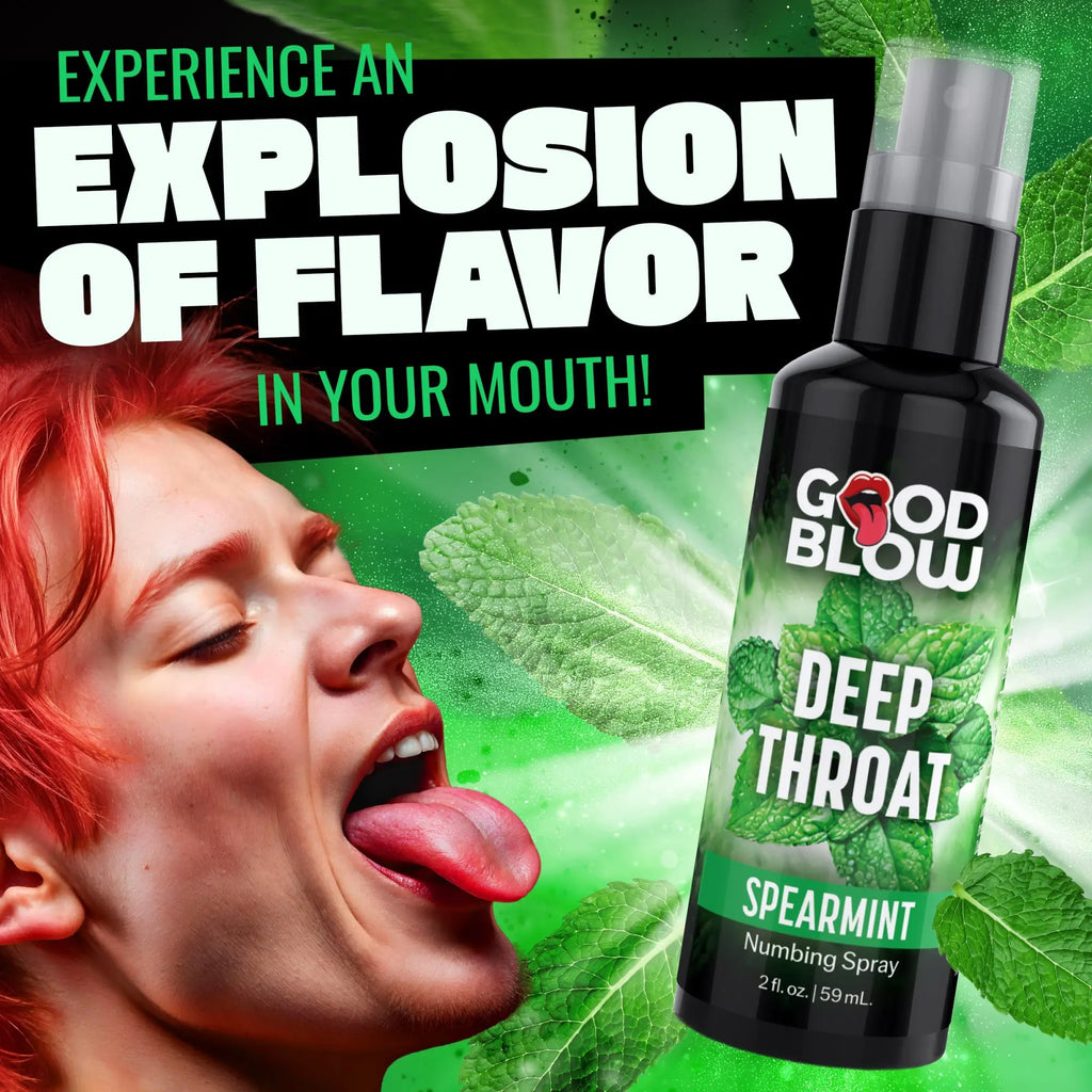 Good Blow Deep Throat Spearmint Numbing Spray bottle shown next to a person with red hair sticking out their tongue.