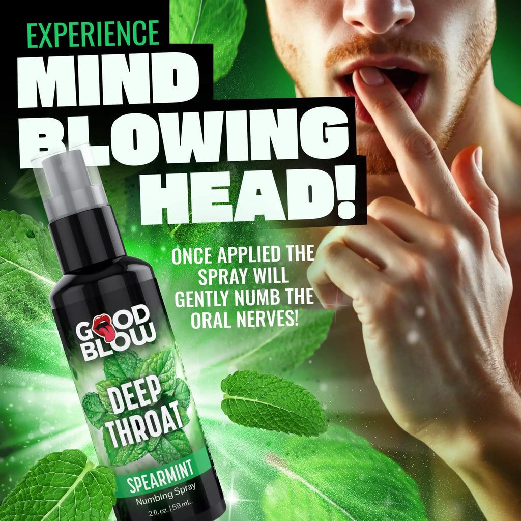 Good Blow Deep Throat Mint Numbing Spray bottle with green mint imagery next to a man touching his mouth.