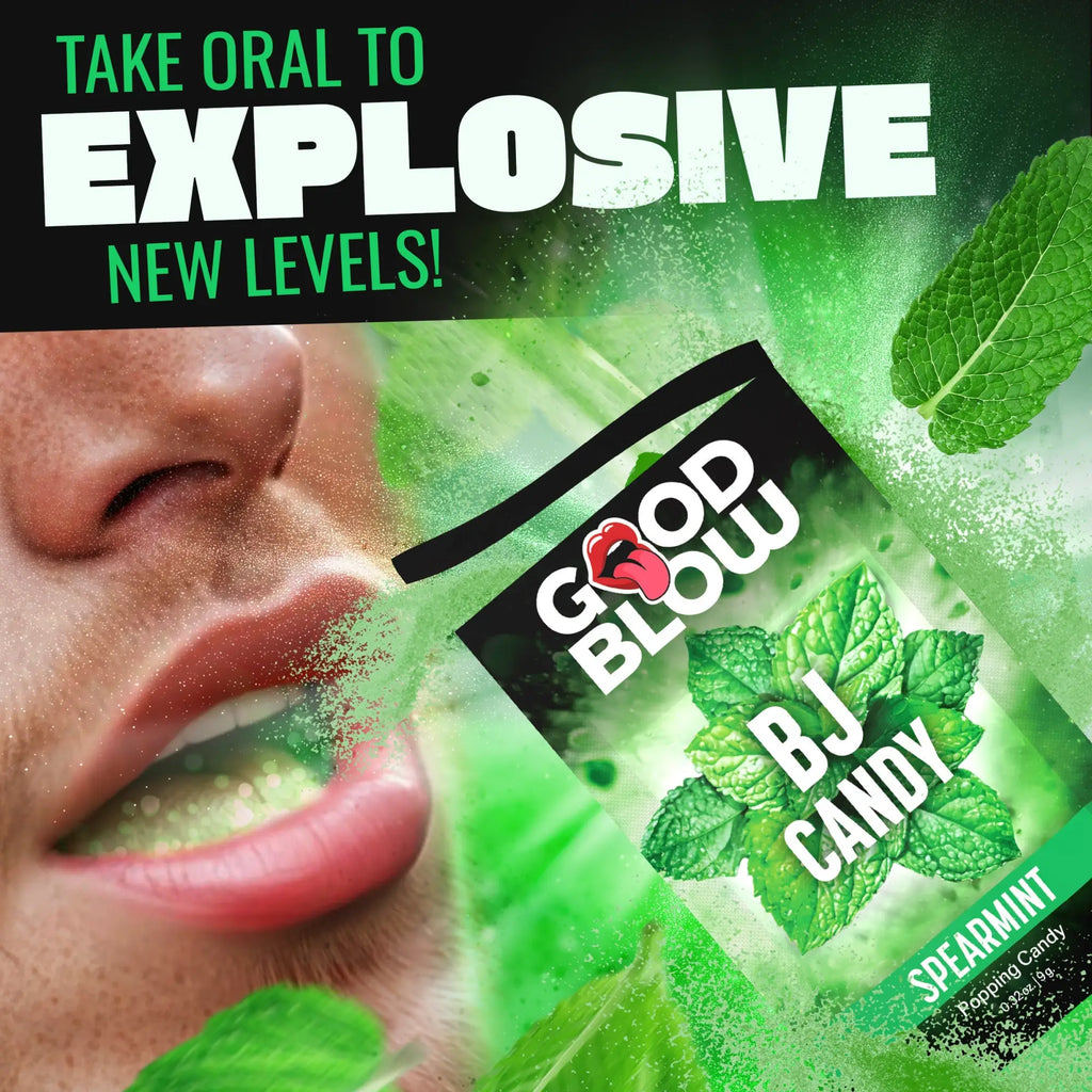 Good Blow Spearmint Popping BJ Candy pack next to a person's mouth, with vibrant green mint leaves and explosive effects.