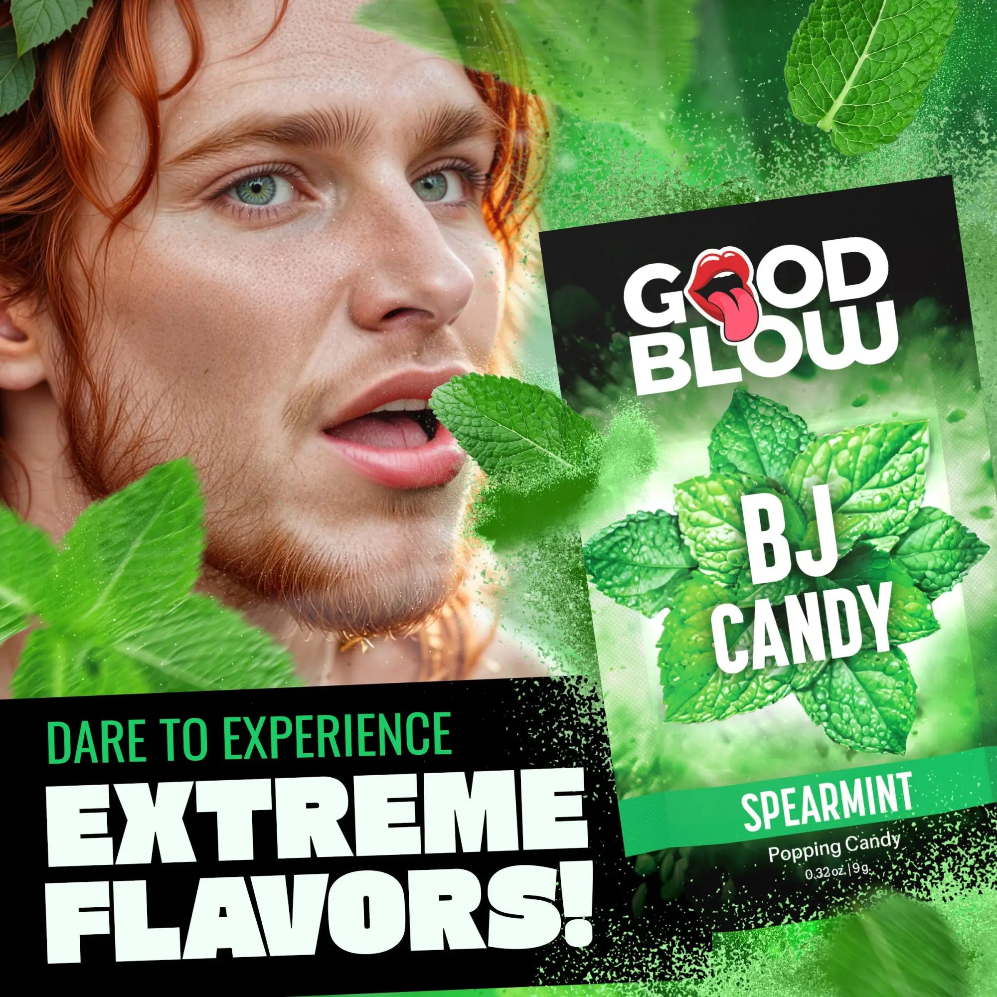 Good Blow Mint Popping BJ Candy packaging against a background of a man with red hair and fresh mint leaves.