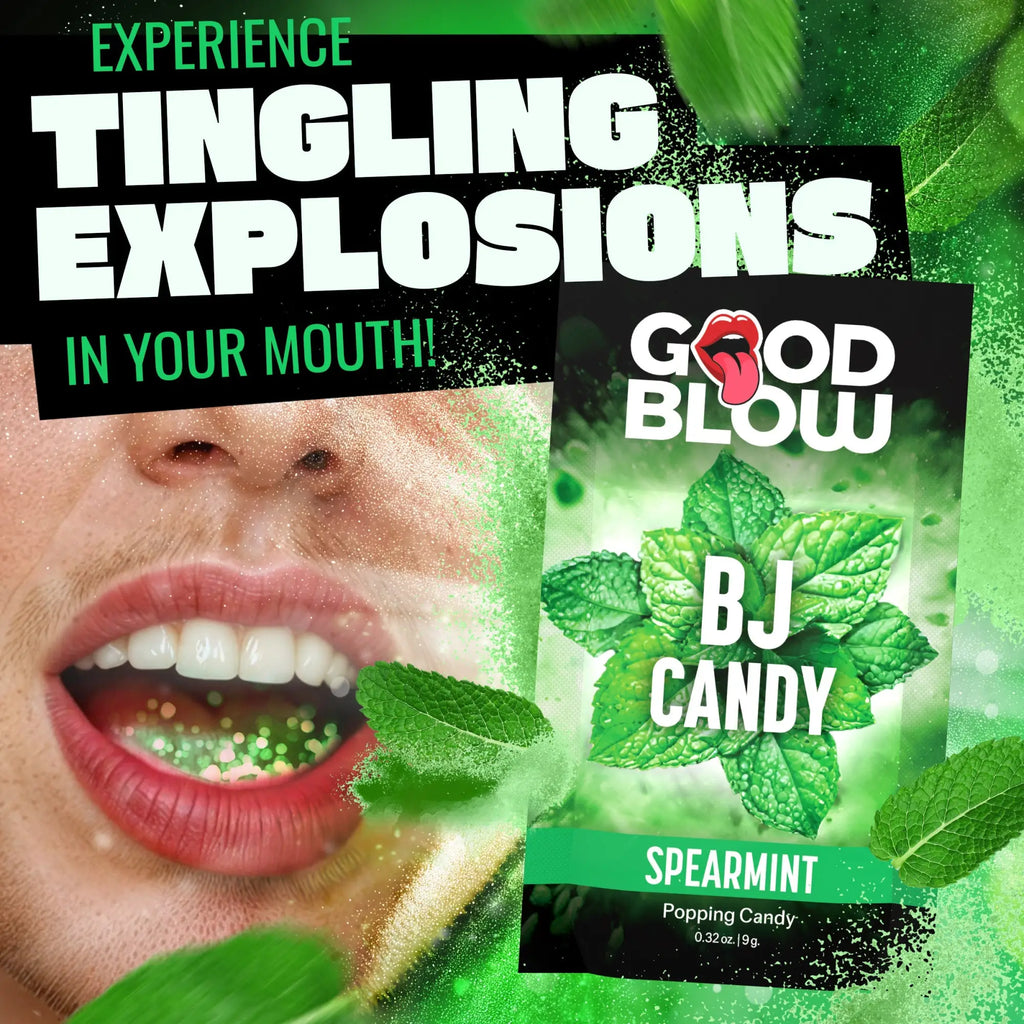 Good Blow Mint Popping Candy packaging shown next to an open mouth with green popping crystals on the tongue.