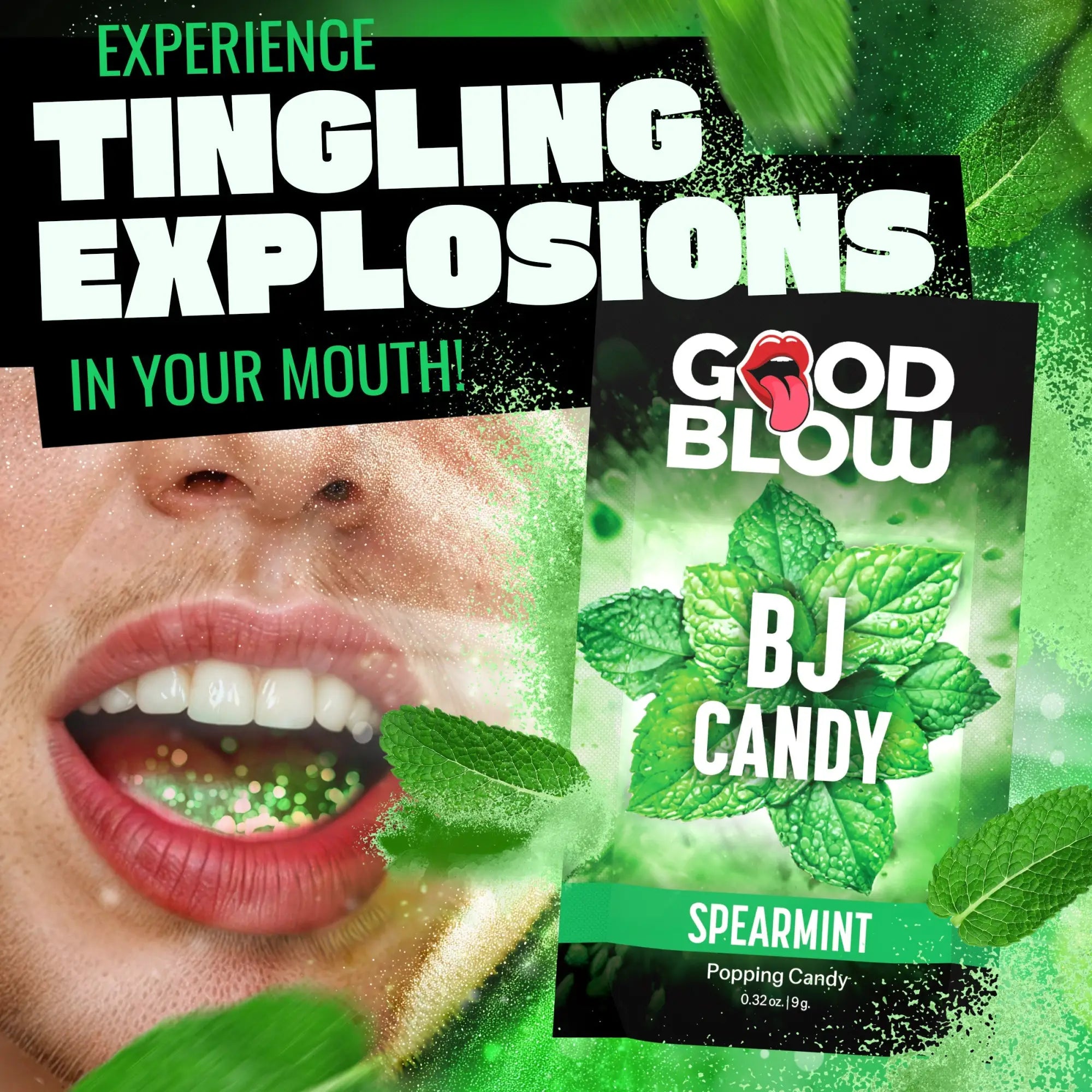 Good Blow Mint Popping Candy packaging shown next to an open mouth with green popping crystals on the tongue.