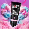Good Blow Oral Sensation Gel in a black tube, featuring cotton candy flavor branding against a pink and blue background.